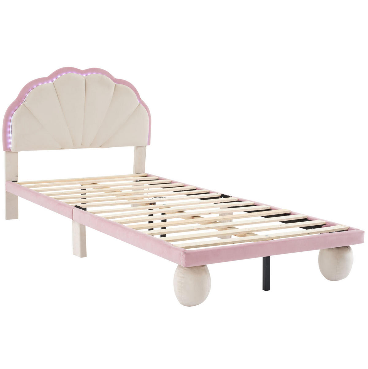 KINDERBETT 90/200 cm mit mehrfarbiger LED-Beleuchtung, Wellenkopfteil und Samtbezug, Beige/Rosa - Weiß, Textil (90/200cm) - Redom