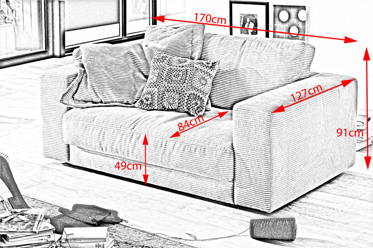 LOVESEAT MADELINE Cremeweiß Cord - Creme/Schwarz, Kunststoff/Textil (170/86/127cm) - KAWOLA