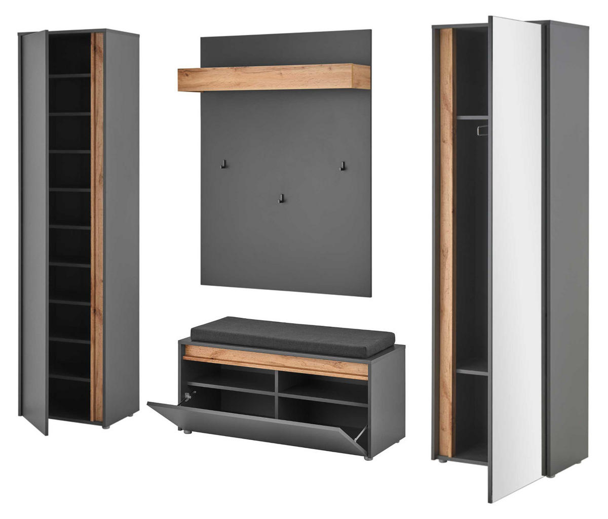 GARDEROBEN-SET 5-teilig grau matt, Eiche Wotan, Kombination mit viel Stauraum - Silberfarben/Eiche Wotan, Glas/Holzwerkstoff (230/200/40cm) - Furn.Design