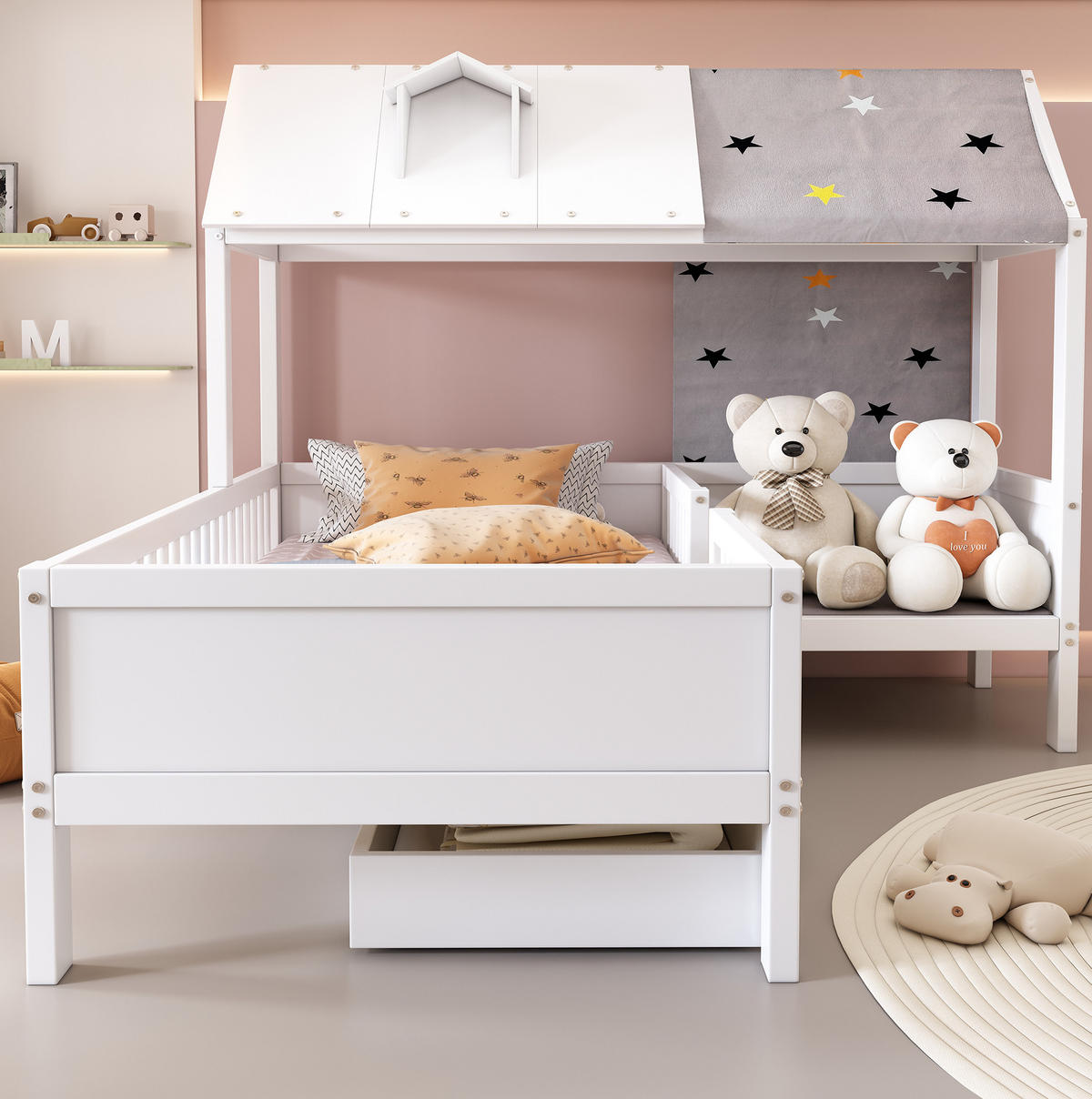 KINDERBETT Hausbett 90/200 cm Weiß mit Schubladen und Lattenrost - Weiß, Holzwerkstoff (90/200cm) - BEAOK