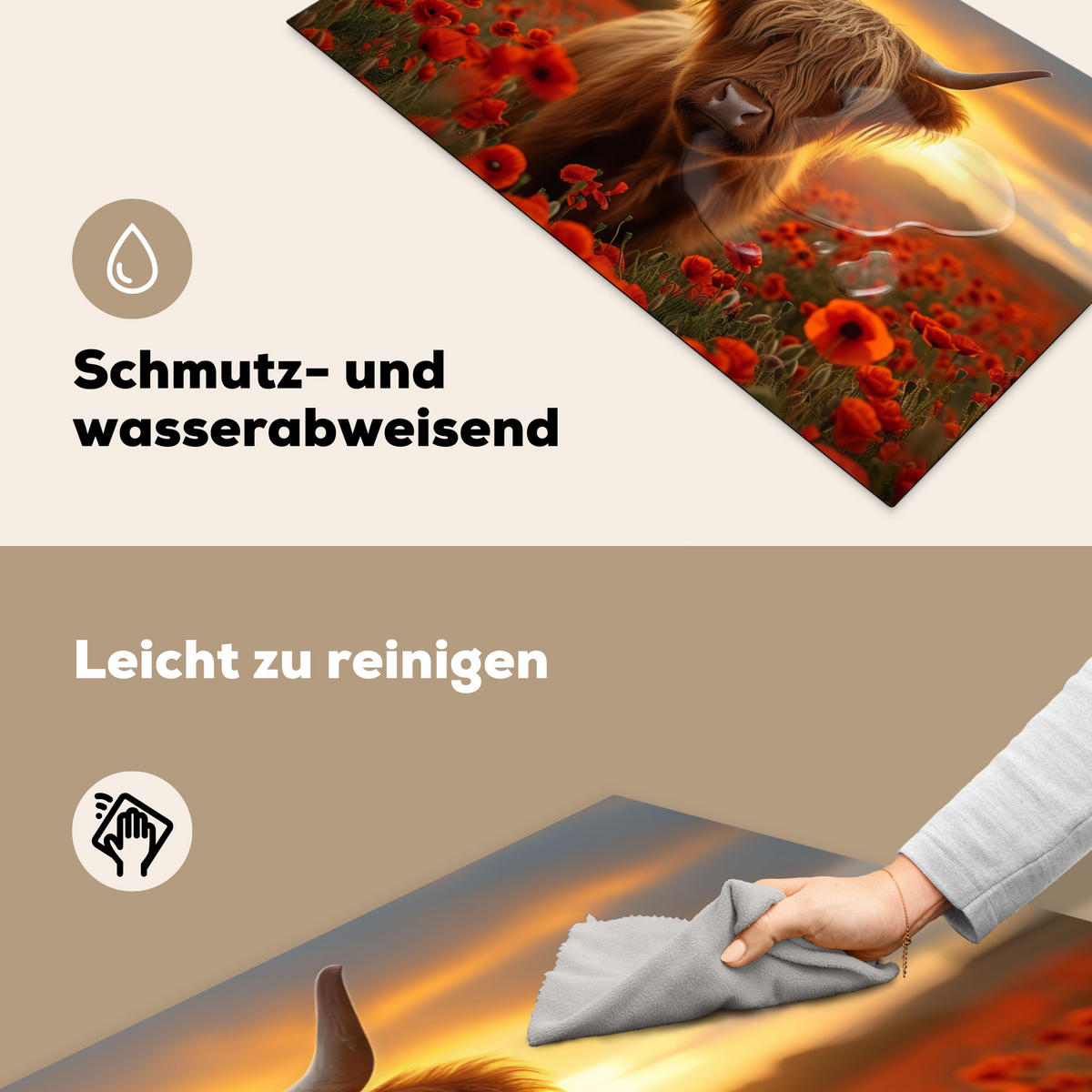 HERDABDECKPLATTE Schottische Highlander - Rosen - Blumenfeld - Sonnenuntergang Ceranfeldabdeckung 90x52 cm - Rotbraun, Kunststoff (90/52/0.2cm) - MuchoWow