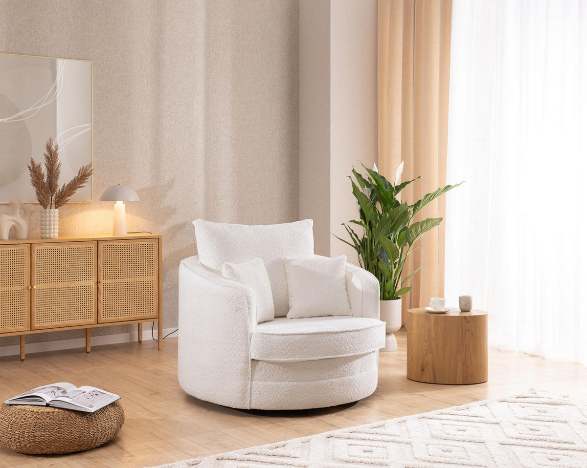 DREHSESSEL Ted aus Weiß Boucle-Stoff - Schwarz/Weiß, Holz/Textil (107/94/100cm) - S-Style Möbel