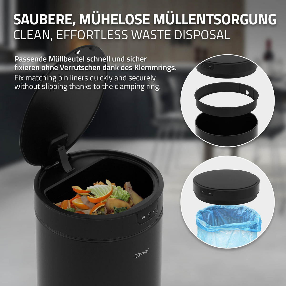MÜLLEIMER mit Sensor 30L rund aus Stahl Schwarz - Schwarz, Metall (29/52/29cm) - ML-DESIGN