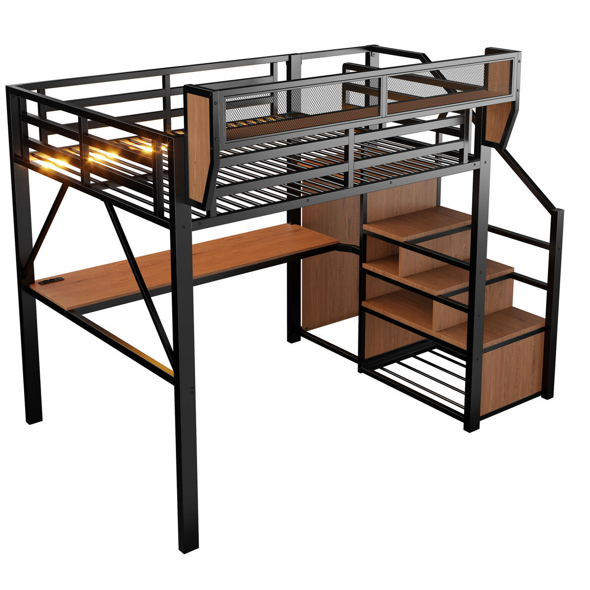 HOCHBETT 140/200 cm DE-32583 mit Schreibtisch, LED und Stauraum Schwarz - Schwarz, Metall (140/200cm) - ComfortXL