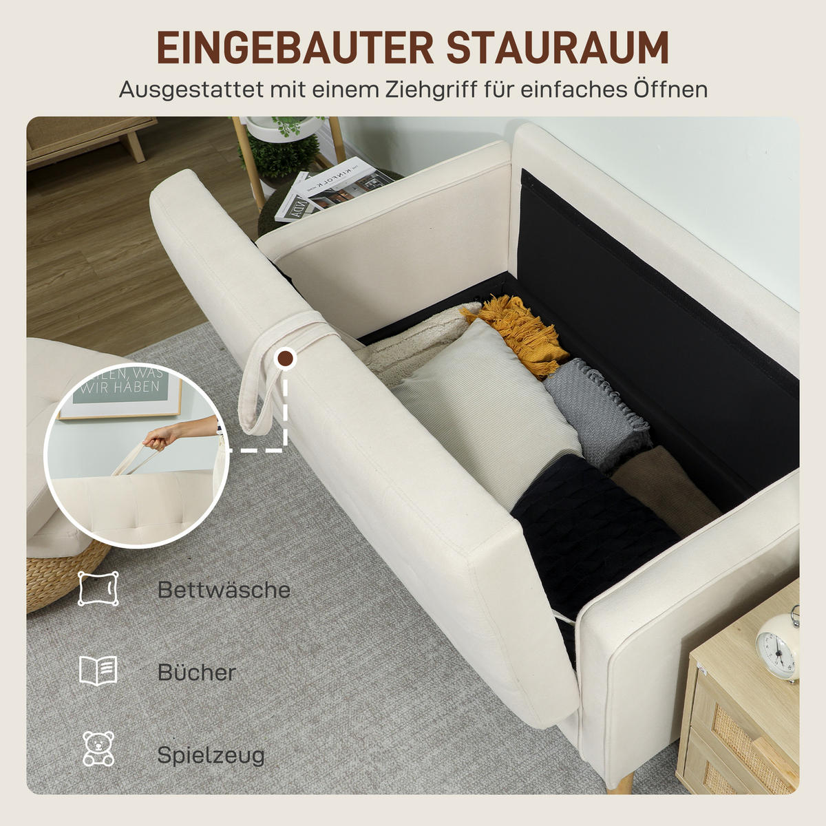 2 Sitzer Sofa, Couch mit Stauraum, Holzbeine, Gepolsterter Polstersofa, Cremeweiß - Eukalyptusholzfarben/Creme, Holz/Textil (62/78/117cm) - HOMCOM