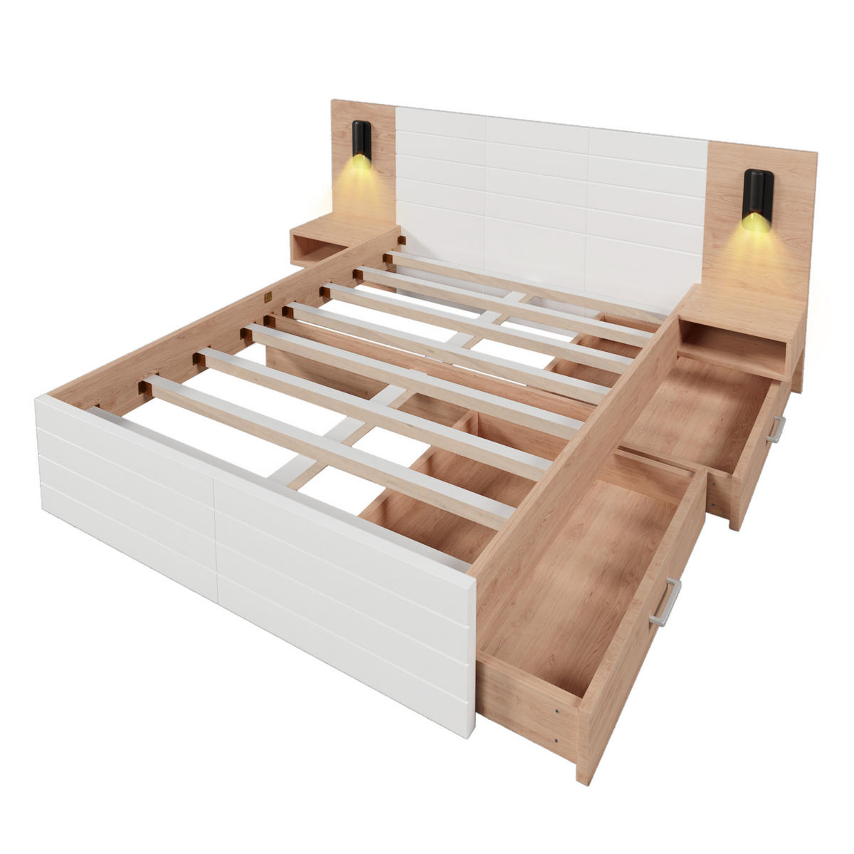 DOPPELBETT 160/200 cm Eiche und Weiß mit Leselicht und USB-Anschluss - Weiß, Holzwerkstoff (160/200cm) - OKWISH