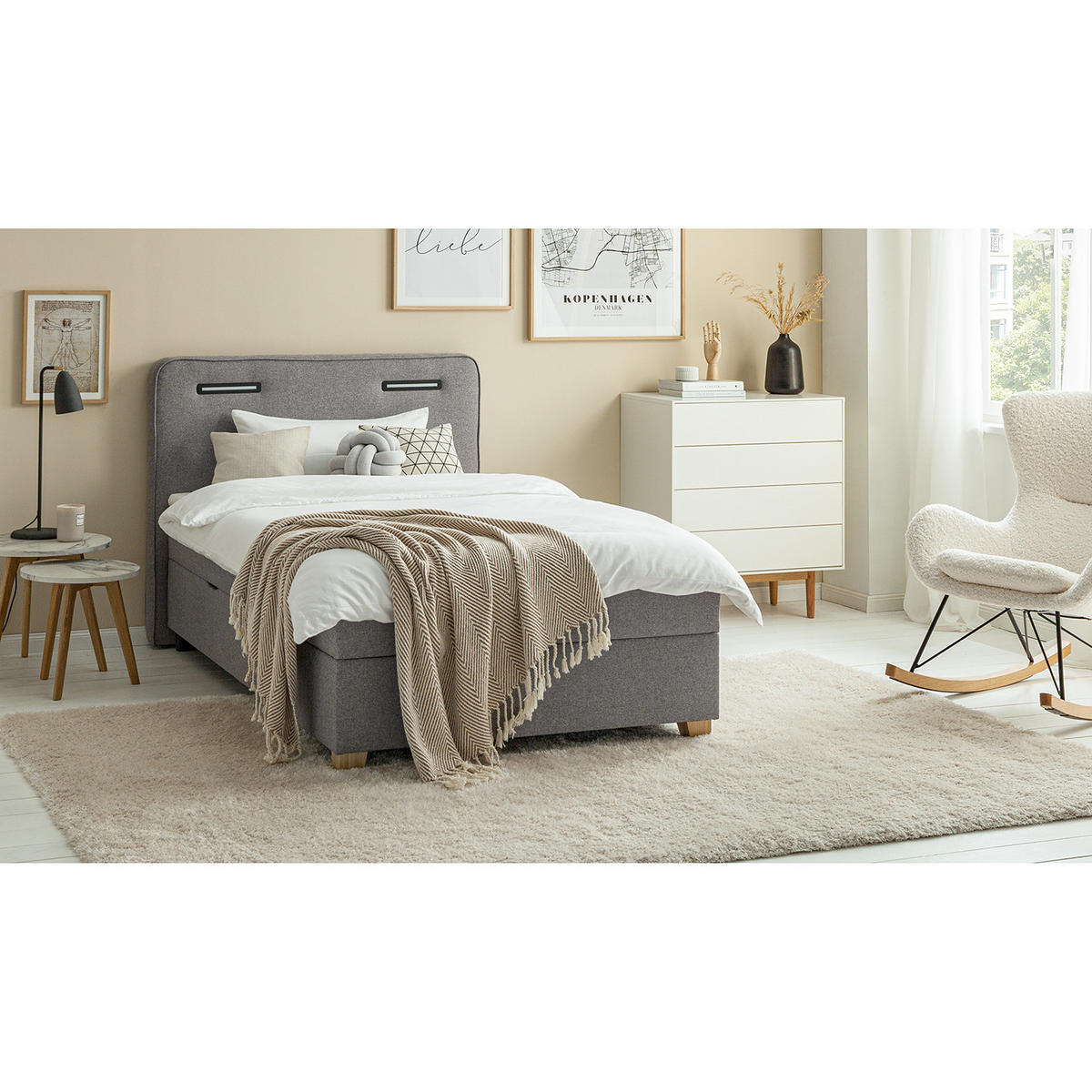 BOXBETT mit Stauraum - inkl. Beleuchtung - Taupe/Grau, Holz/Textil (120/200cm) - home24