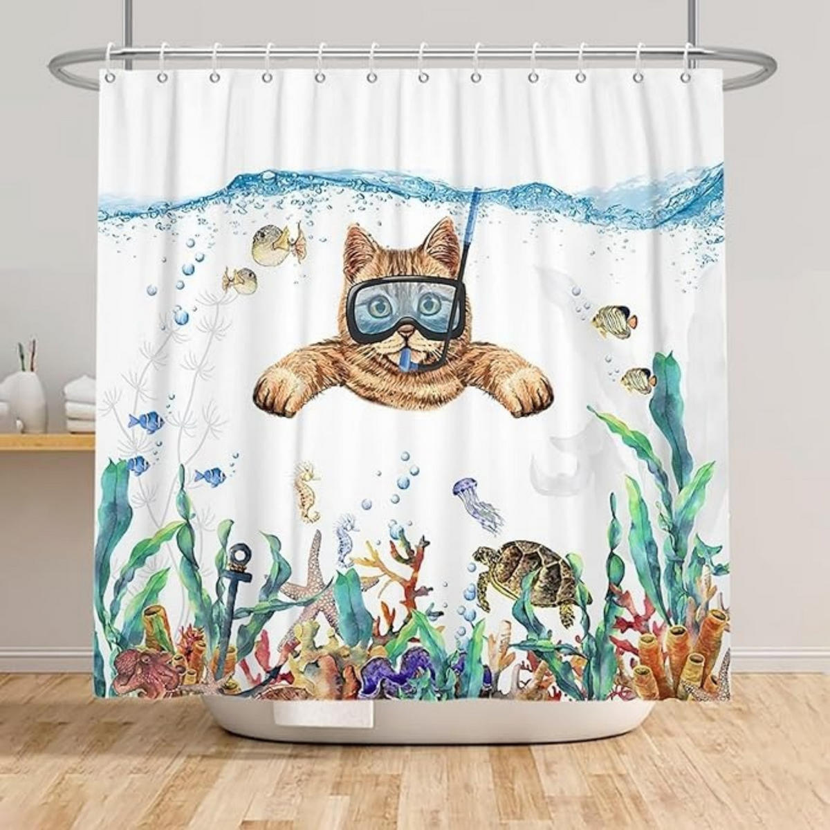DUSCHVORHANG Marineblau 120 x 180 cm Ozean Katze Fisch Schildkröte - Blau, Textil (180/180cm) - MCBOSON
