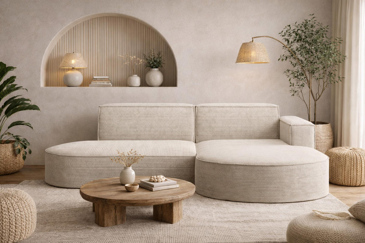 ECKSOFA Designer MODENA STUDIO, Cordstoff Poso, Ecru, Rechts - Ecru, Holzwerkstoff/Textil (236/165cm) - Kaiser Möbel