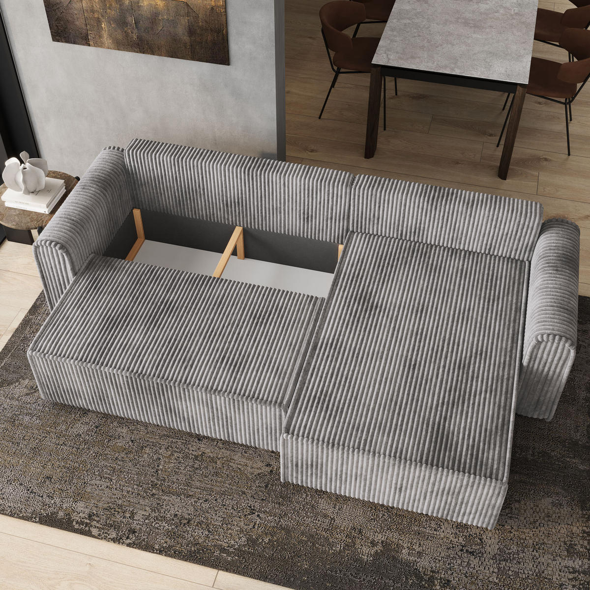ECKSOFA VALTINO Hellgrau Kordstoff mit Schlaffunktion - Hellgrau, Holz (275/148cm) - MASSENO