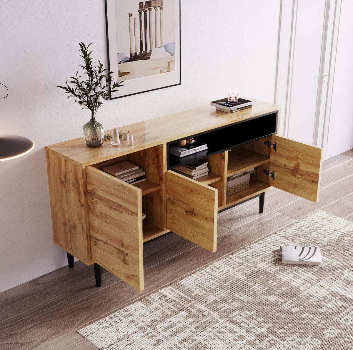 SIDEBOARD aus MDF 160x35x76 cm Schwarz/Holzoptik mit 3 Türen und verstellbaren Regalen - Naturfarben, Holzwerkstoff (160/76/35cm) - IVMEU