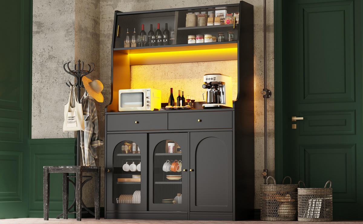 KÜCHENBUFFET mit 2 Schubladen, LED-Beleuchtung und Glaselementen, 120 x 40 x 180 cm, Schwarz, MDF, Spanplatte - Schwarz, Holzwerkstoff (120/180/40cm) - SONNENH
