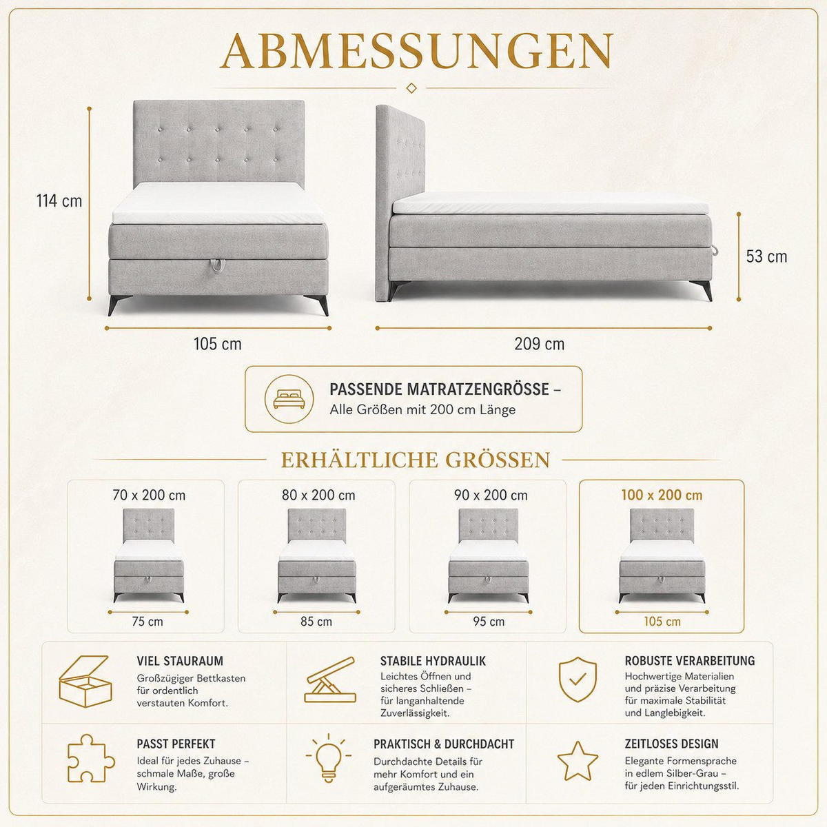 BOXBETT K15 Single SLIM mit Bettkasten & Bonell-Federkern ohne Topper - Hellgrau, Holz/Textil (200/100cm) - Best For Home