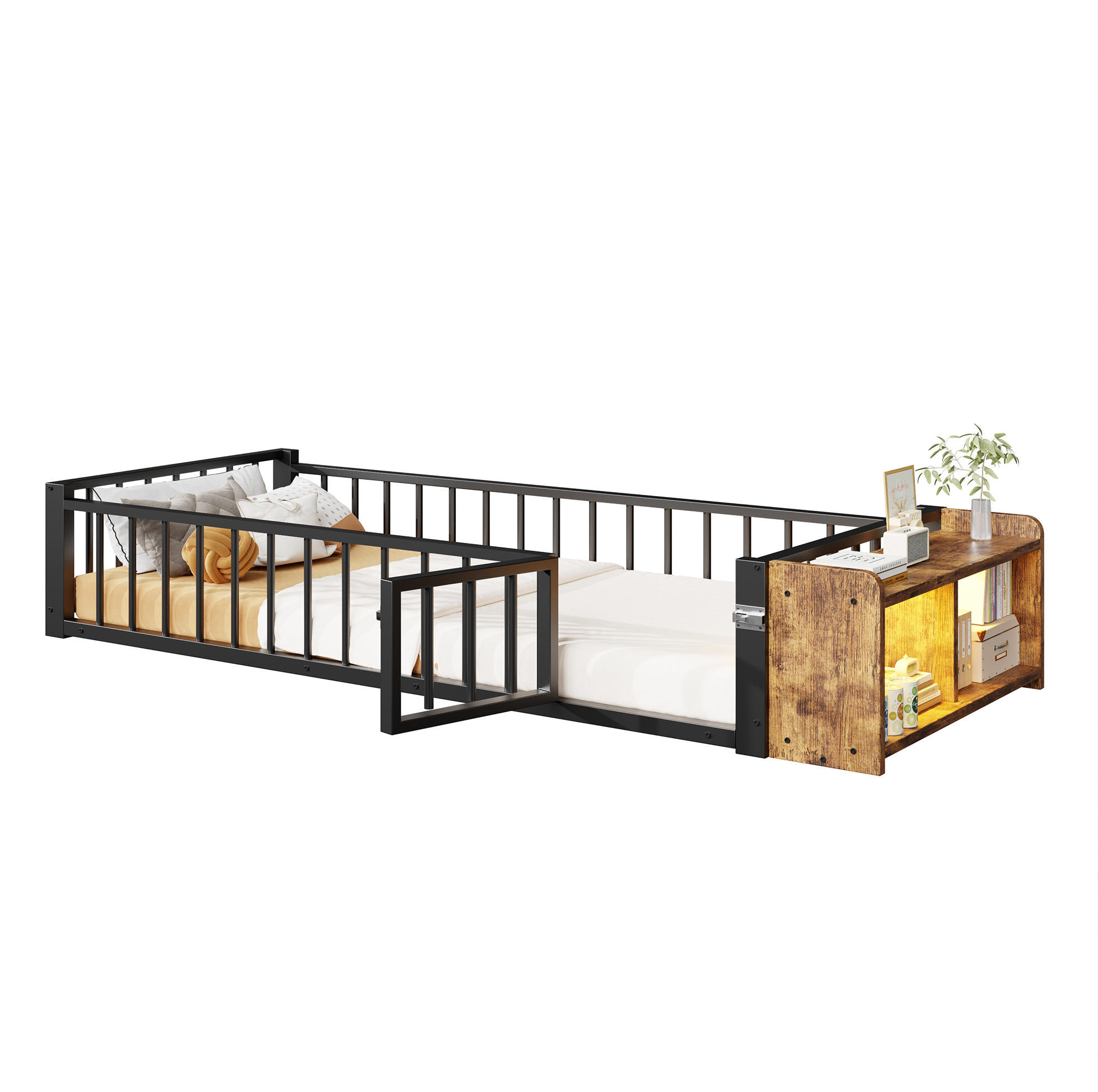 KINDERBETT 90/200 cm aus Metall mit Schutzgeländer, Stauraum und LED - Schwarz, Holzwerkstoff (90/200cm) - BEAOK