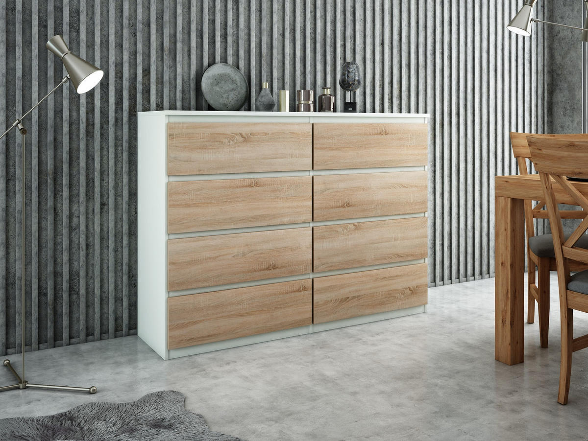 KOMMODE NUDO 120/101,5/39cm mit 8 Schubladen Türen Weiß - Weiß/Sonoma Eiche, Holzwerkstoff (120/101.5/39cm) - MASSENO