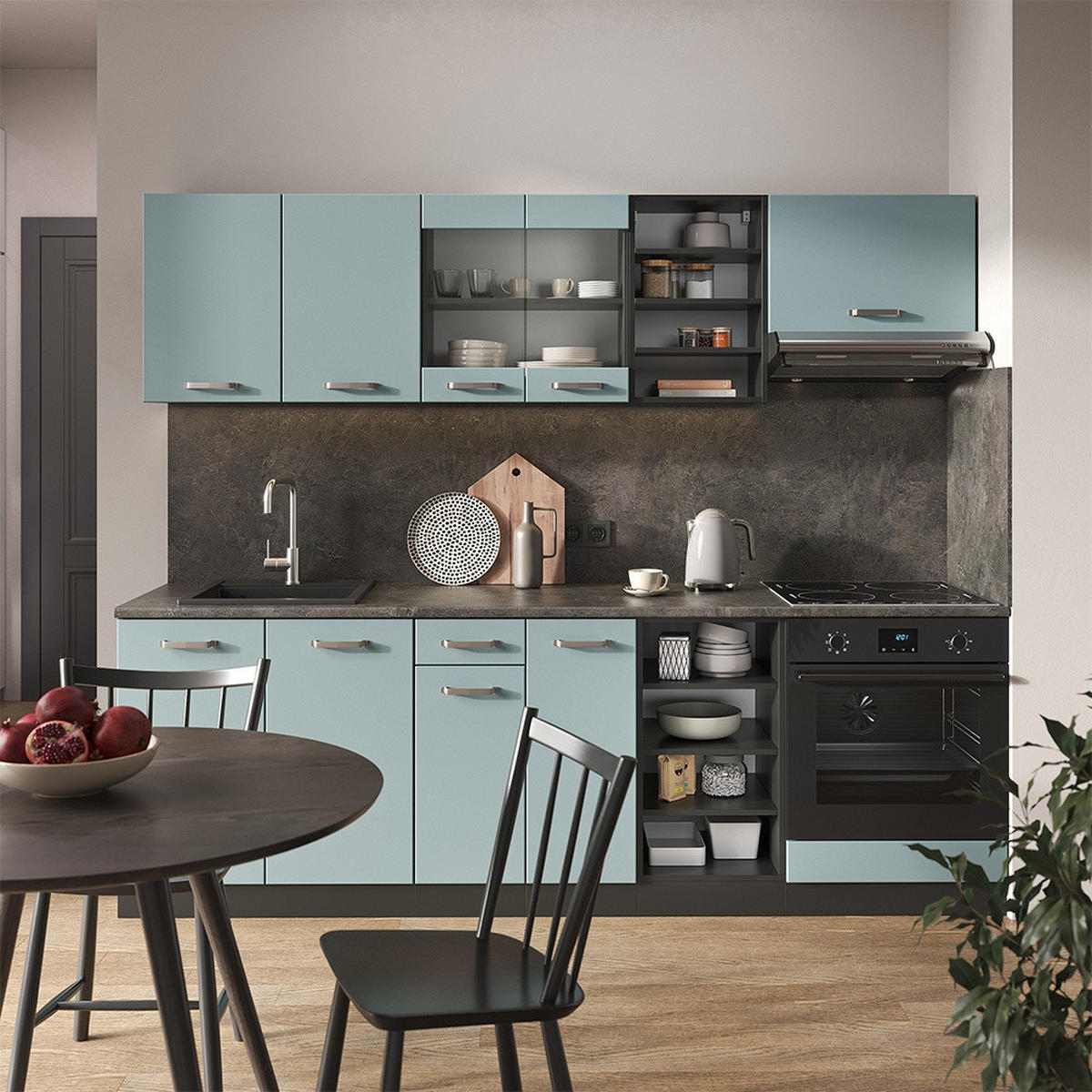 KÜCHENZEILE R-Line Blau-Grau/Anthrazit 240 cm , AP Eiche - Anthrazit/Blaugrau, Holzwerkstoff (240/206.8/60cm) - Vicco