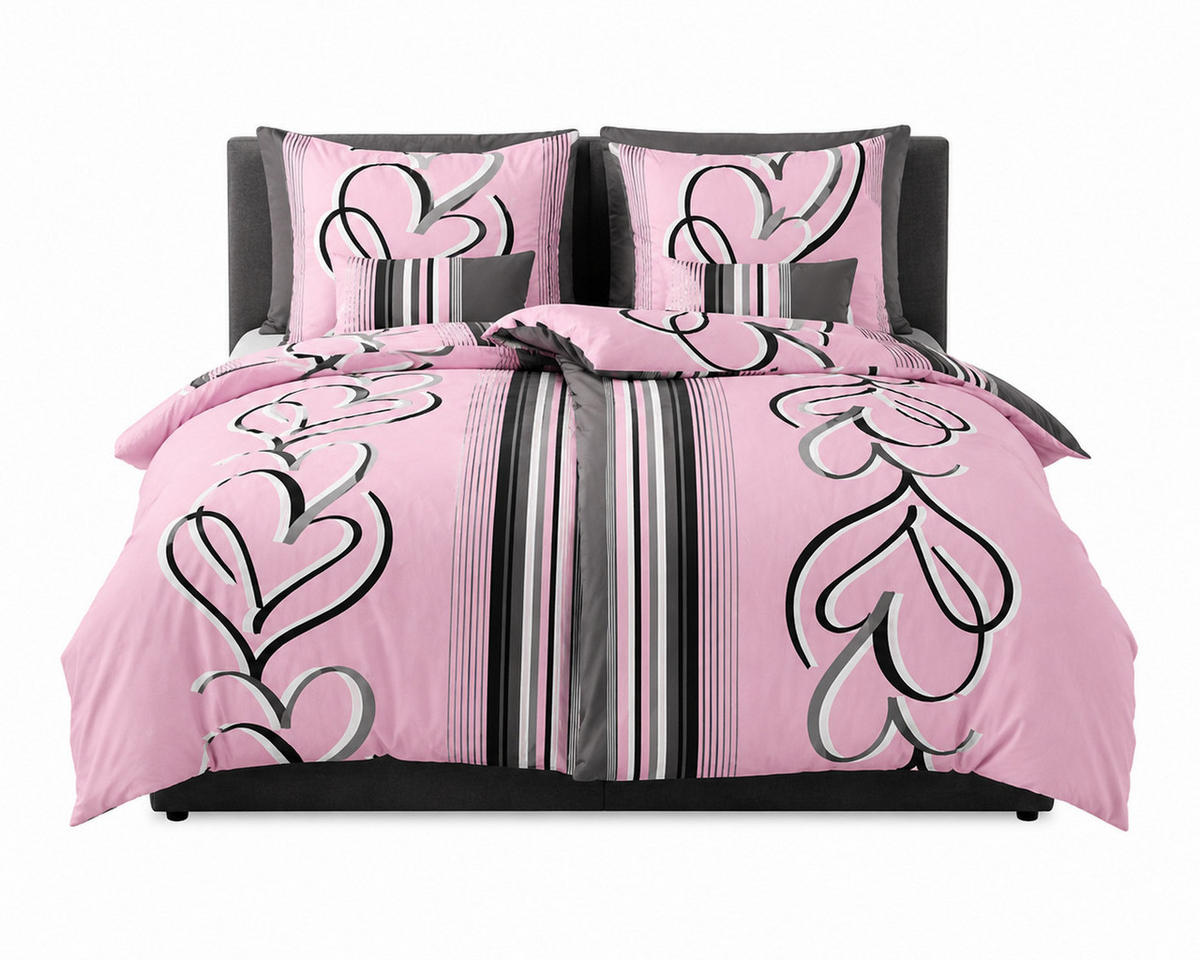 BETTWÄSCHE Herzen Rosa/Grau 135x200 cm – 2-teilig, 40x80 cm Kissenbezug, Baumwolle-Polyester - Multicolor, Naturmaterialien (155/200cm) - Nesbel – Beauty & Ambiente