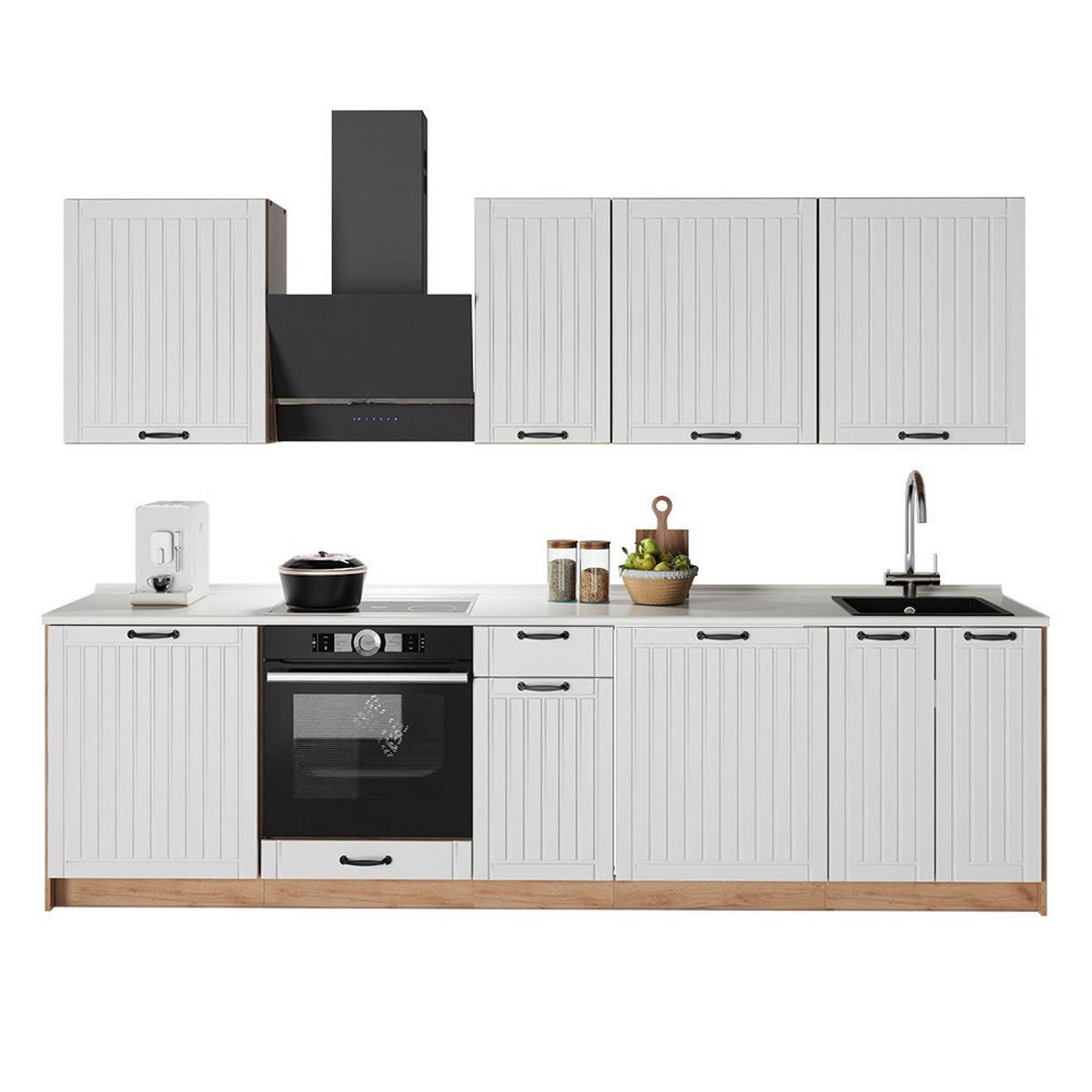KÜCHENZEILE Fame-Line, Weiß Landhaus/Goldkraft Eiche, 280 cm, AP Eiche - Honigeiche/Weiß, Holzwerkstoff (280/206.8/60cm) - Vicco