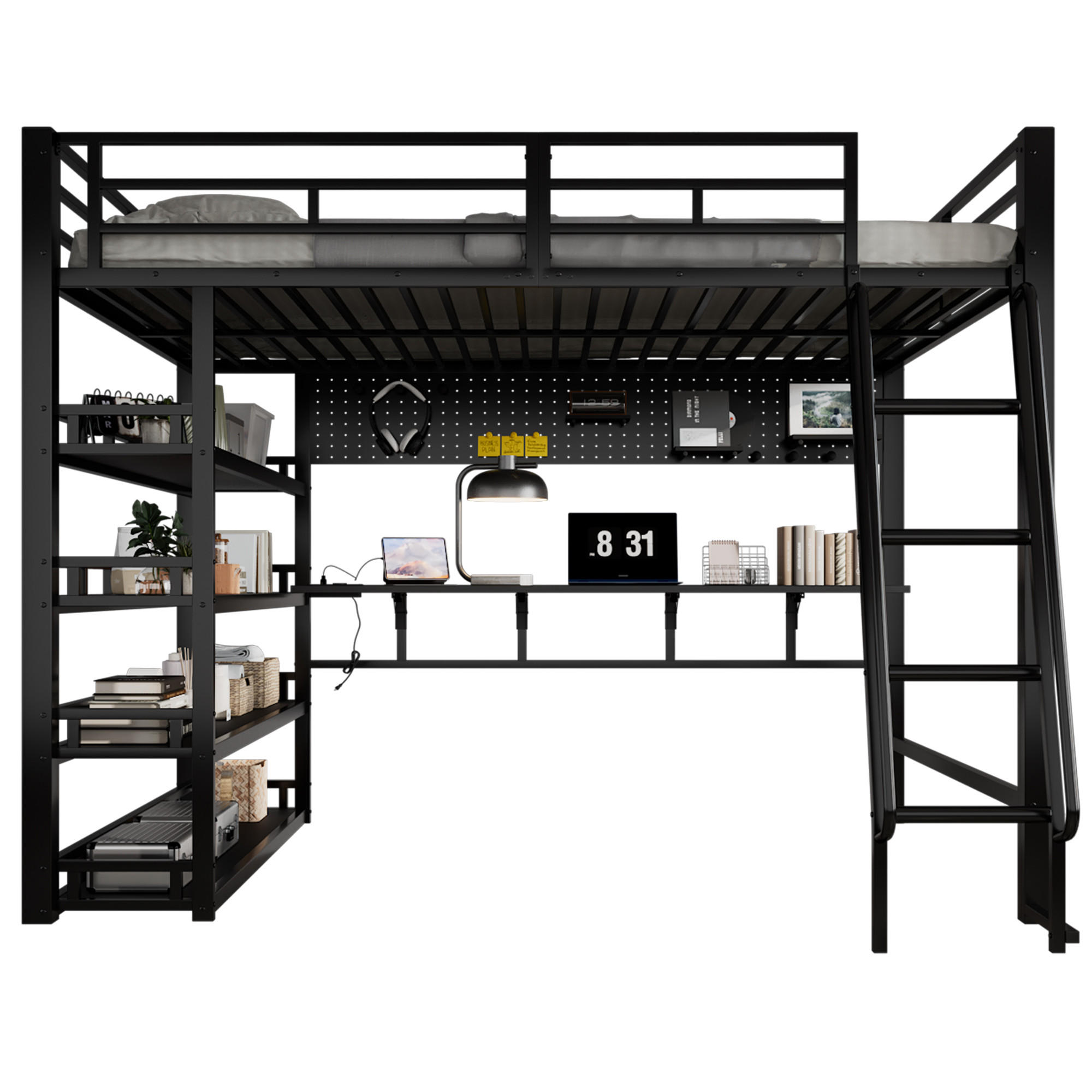 HOCHBETT 140/200 cm schwarz aus Eisen und Spanplatte mit Ablagen und Ladeanschluss - Schwarz, Metall (140/200cm) - OKWISH