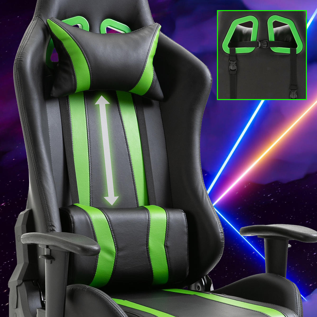 GAMINGSTUHL mit Fußraste Kunstleder Schwarz/Grün - Grün, Textil (75/135/75cm) - SVITA
