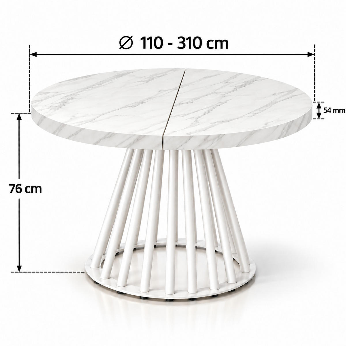 ESSTISCH rund ausziehbar 110/310/76 cm, Marmor, 54 cm Tischplatte + Lamellen-Metallgestell Weiß - Hellgrau/Weiß, Holzwerkstoff/Metall (110/310/76cm) - Damale Möbel