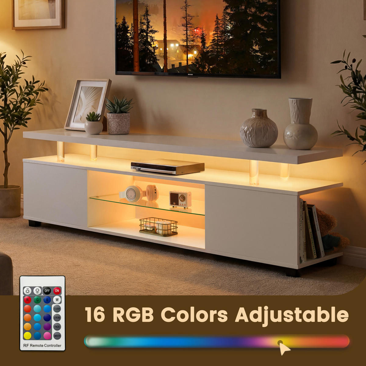TV-LOWBOARD aus Holzwerkstoff 130x40x48 cm Weiß mit LED-Beleuchtung und viel Stauraum - Weiß, Holzwerkstoff (130/48/40cm) - Modfu