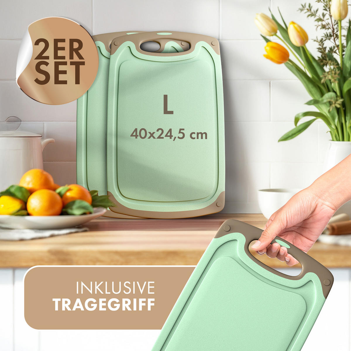 SCHNEIDEBRETT 2er Set Grün - Grün, Kunststoff (24.5/40cm) - Blumtal