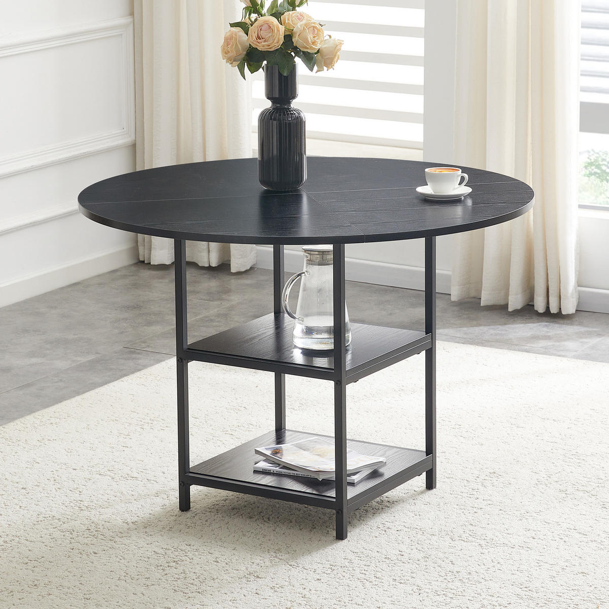 ESSTISCH 107/107/75 cm schwarz aus MDF und Metall mit 2 offenen Ablagen - Schwarz, Holzwerkstoff (107/107/75cm) - OKWISH