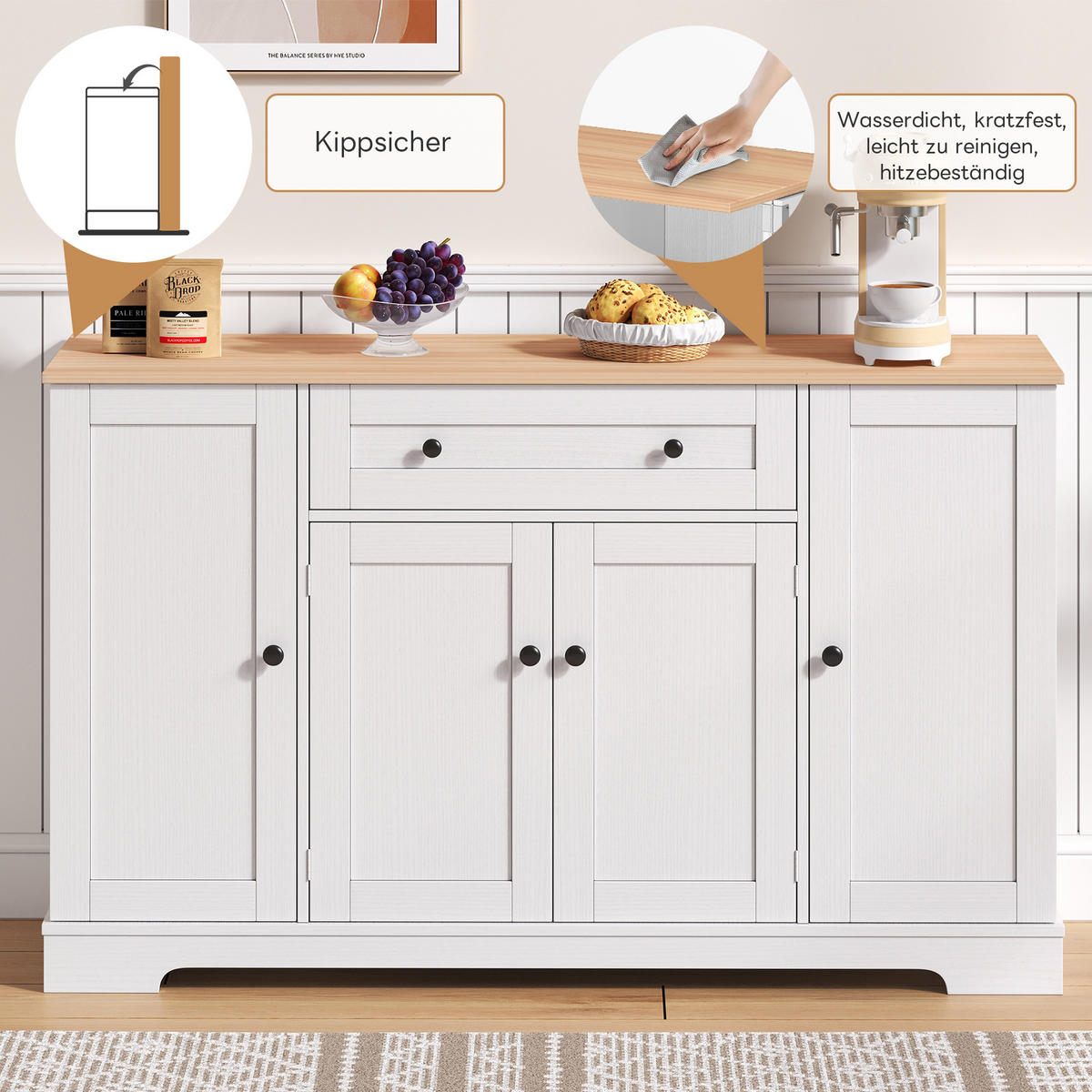 SIDEBOARD mit Schublade & Regaltüren, Natur/Weiß - Weiß, Holzwerkstoff (138/85/40cm) - Urban Meuble