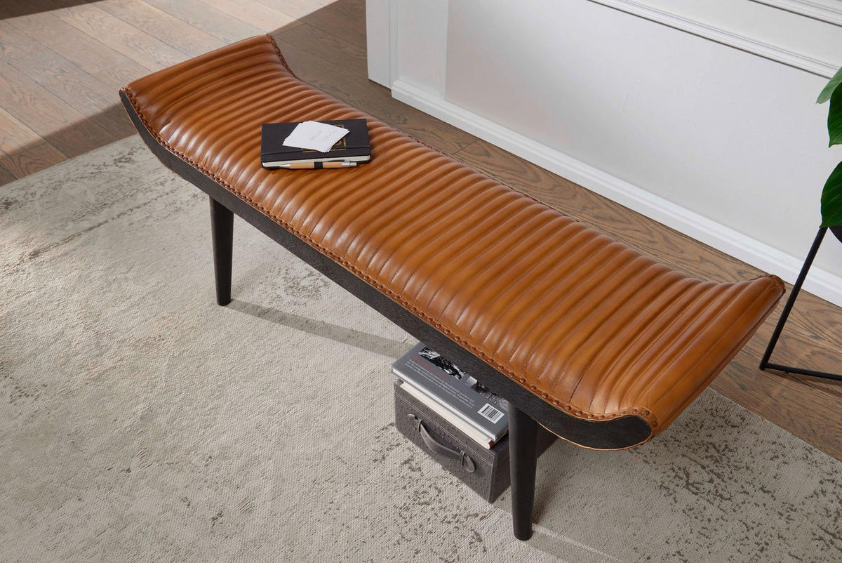 SITZBANK – Echtleder, 125x51x38 cm, Nietenrand, Massivholzbeine - Schwarz/Braun, Mangoholz/Leder (125/51/38cm) - KADIMA DESIGN