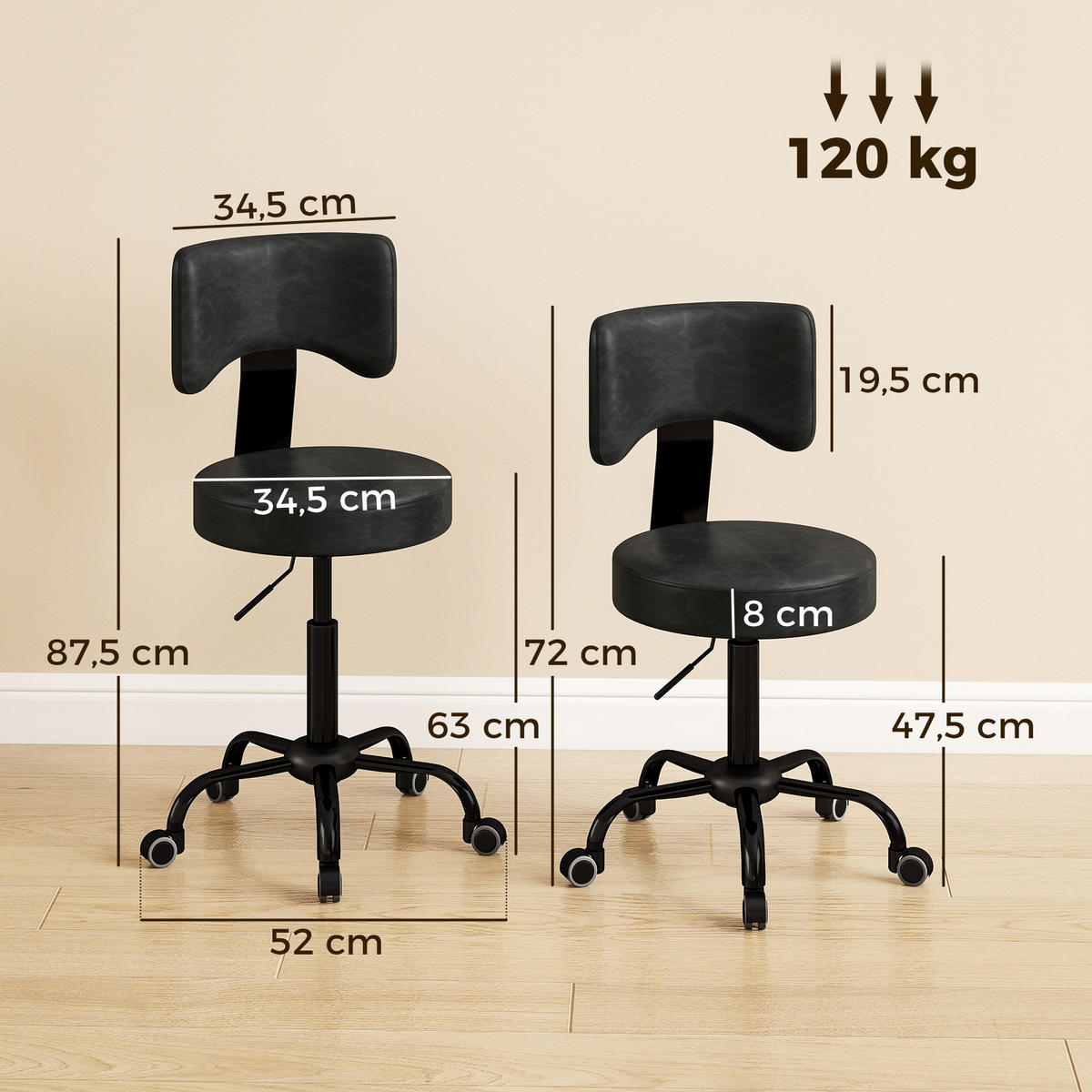 ROLLHOCKER Höhenverstellbar Schwarz 34.5/34.5/87.5 cm - Schwarz, Kunststoff (34.5/87.5/34.5cm)