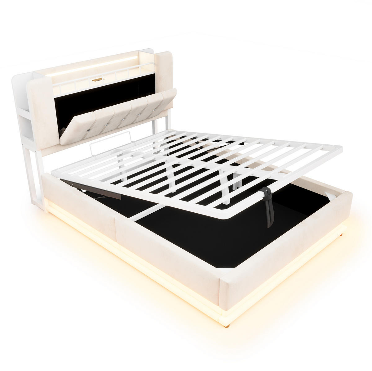 POLSTERBETT 140x200 cm Beige mit Samtbezug, LED-Beleuchtung, USB-Anschlüssen und Stauraum - Beige, Textil (140/200cm) - Modfu