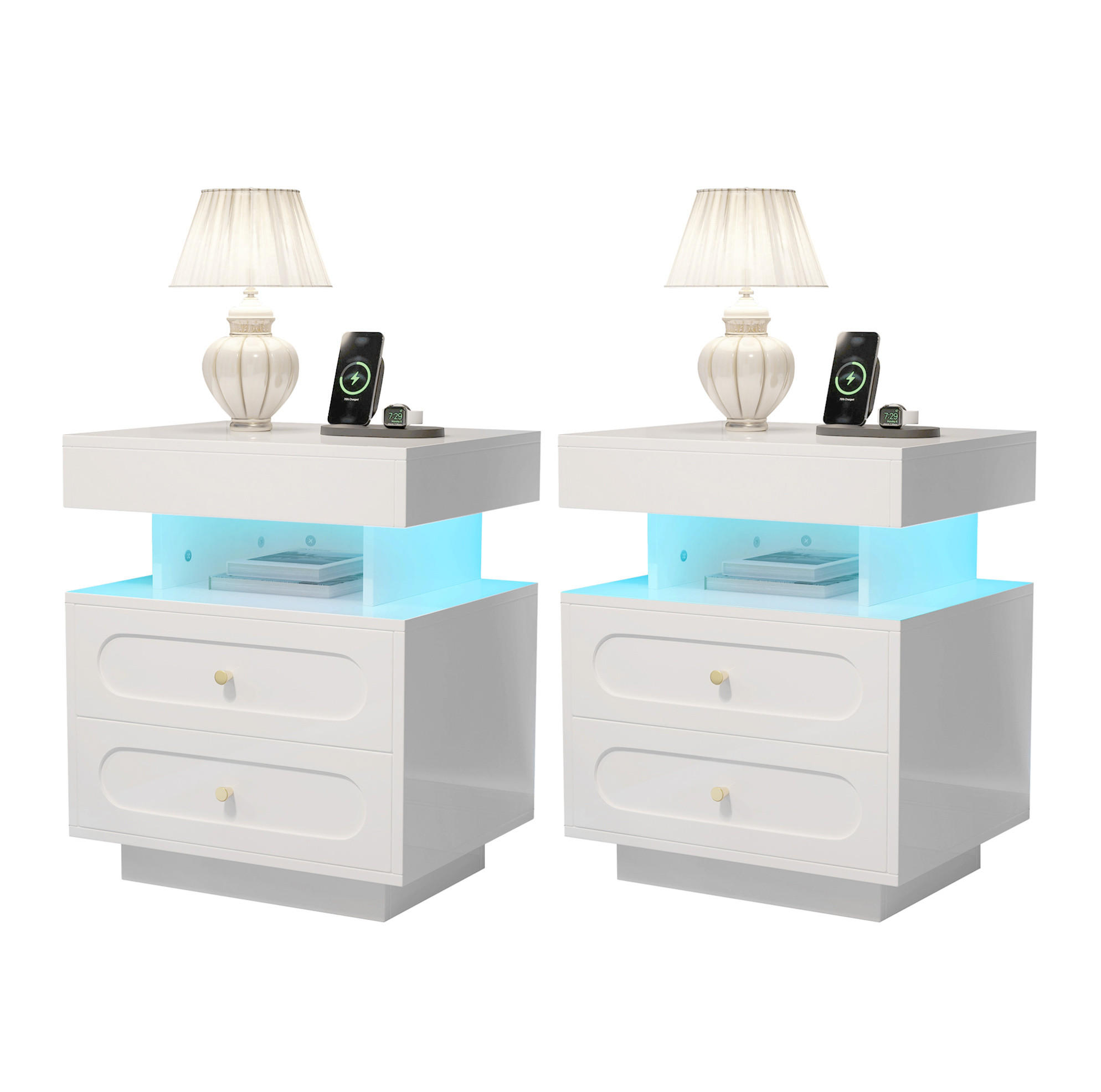 NACHTTISCH 100/40/60 cm in Weiß mit LED-Beleuchtung und 2 Schubladen - Weiß, Holzwerkstoff (100/60/40cm) - Flora Grace
