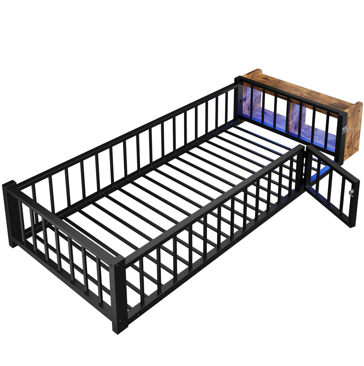 KINDERBETT 90/200 cm Schwarz aus Metall und MDF mit Schutzgeländer und Stauraum - Schwarz, Metall (90/200cm) - OKMYHOME
