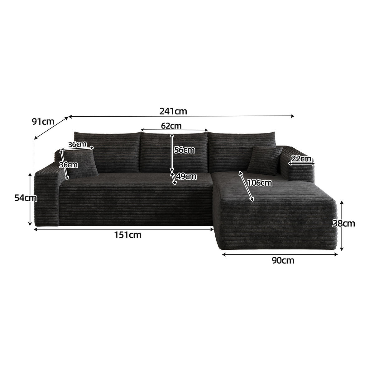 ECKSOFA 241/151/58 cm schwarz aus Stoff ohne Montage mit Chaise - Schwarz, Textil (151/241cm) - OKWISH