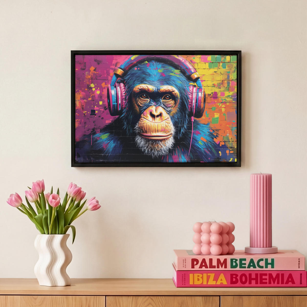 LEINWAND Bilder mit Rahmen - Graffiti - Schimpanse - Straßenkunst - Kopfhörer - Affe - 30x20 - Blau, Textil (30/20cm) - MuchoWow