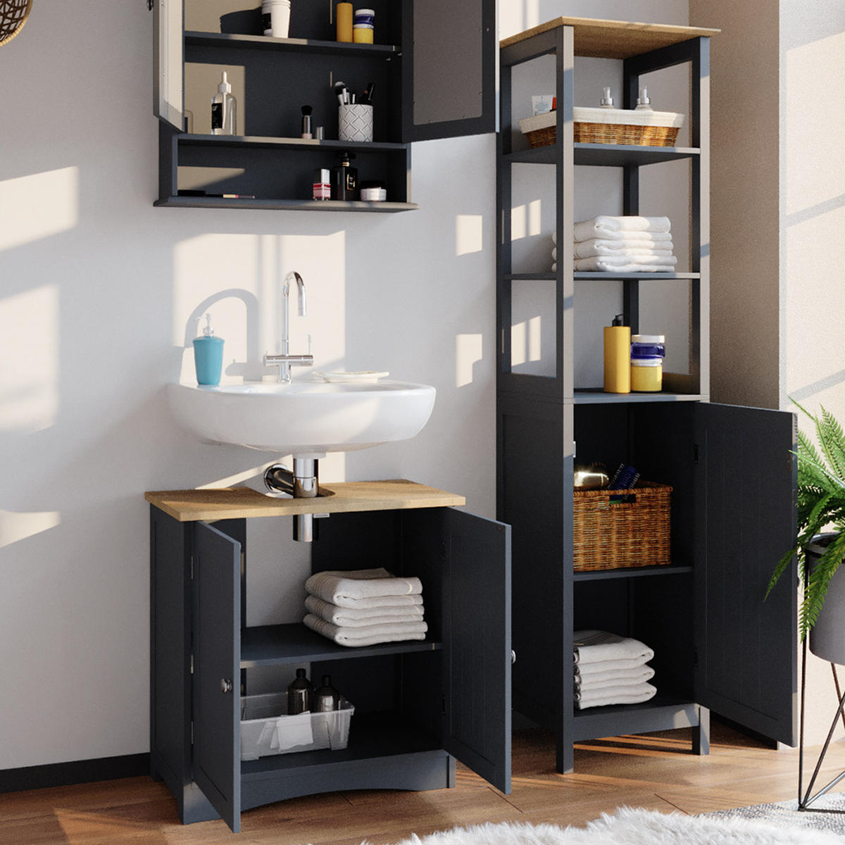 BADMÖBEL-SET Bianco Grau 3 Teile, mit Hochschrank - Grau, Holzwerkstoff (60/60/30cm) - Vicco