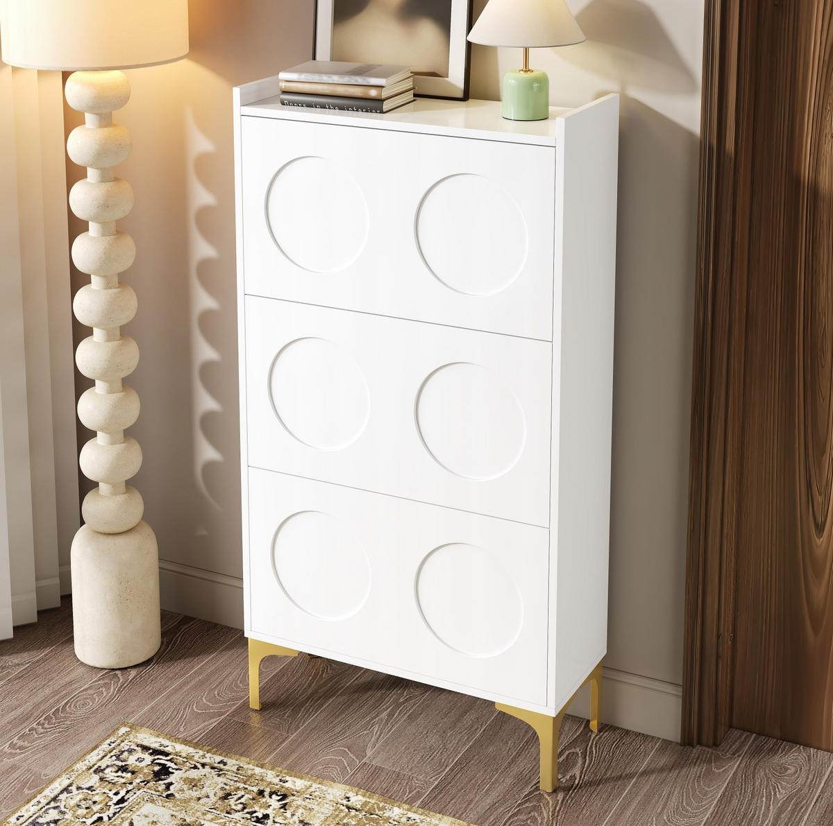 SCHUHSCHRANK 63/24/120 cm aus MDF mit 3 Klappen, staubdichtem Stauraum und goldfarbenen Metallbeinen, Weiß - Weiß, Holzwerkstoff (63/120/24cm) - Redom
