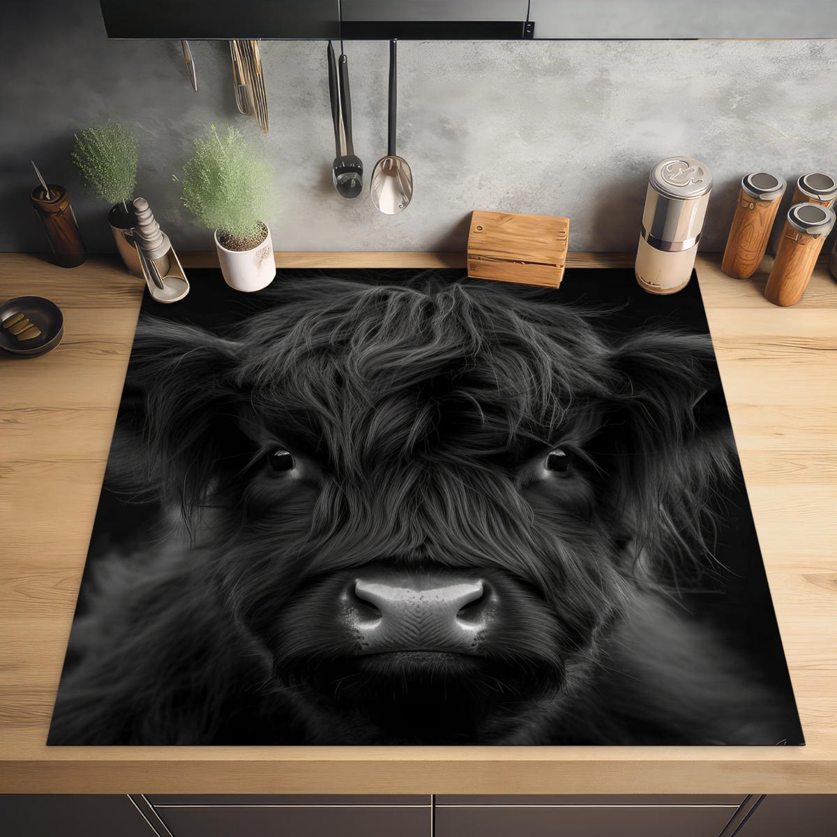 HERDABDECKPLATTE Scottish Highlander - Schwarz - Kalb - Kuh Induktionsmatte 78x78 cm - Schwarz, Kunststoff (78/78/0.2cm) - MuchoWow