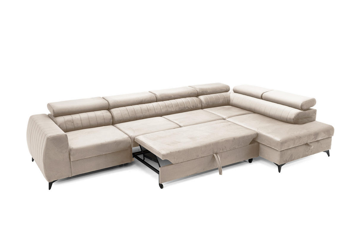 ECKSOFA PIERO MAXI Rechts mit Schlaffunktion 195x125 Velours Beige - Beige/Schwarz, Holz/Textil (203/350cm) - Muffo