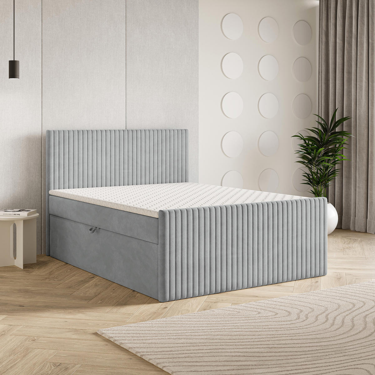 BOXBETT TERVAN 160x200 cm mit Matratze und Topper - Hellgrau - Hellgrau, Holz (160/200cm) - MASSENO