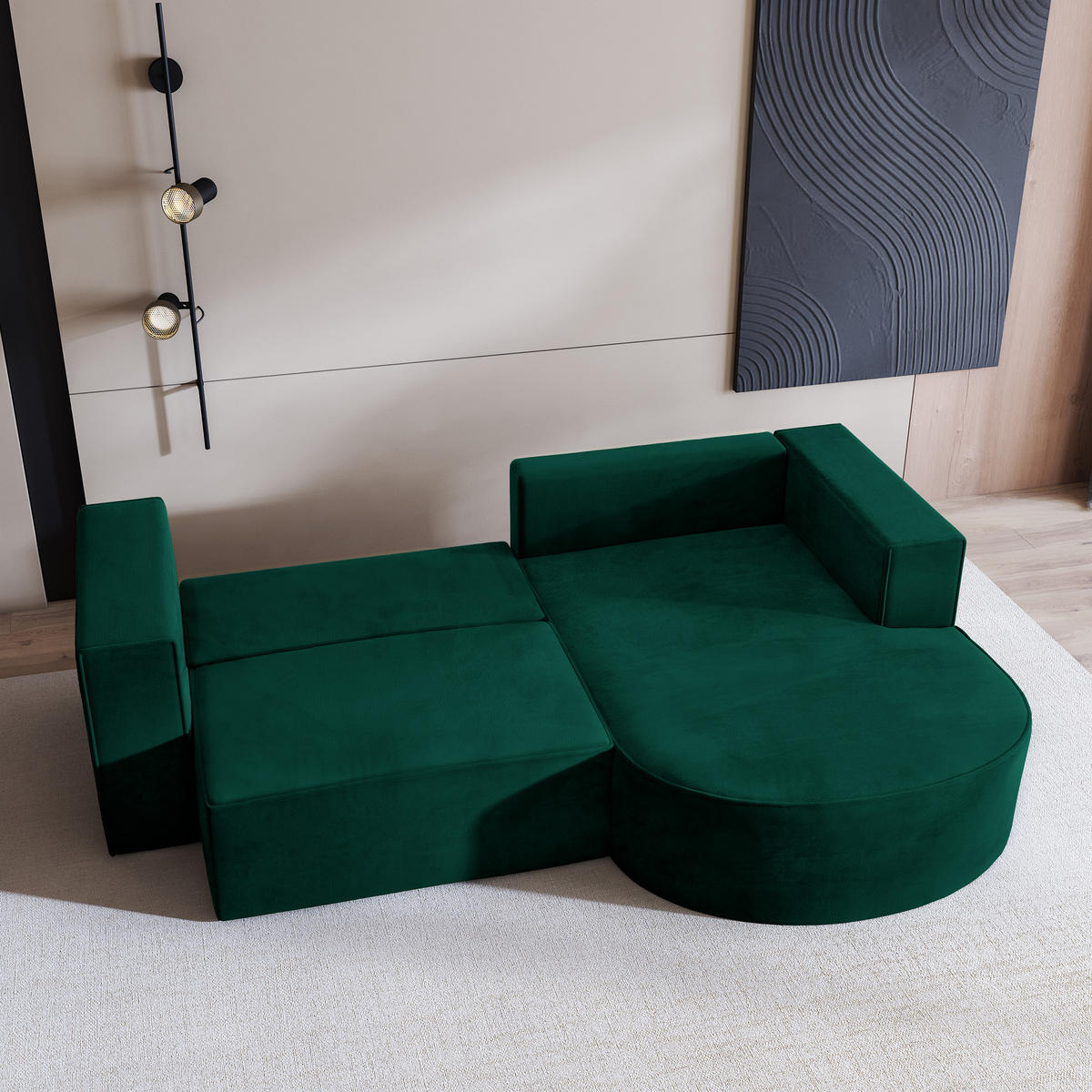 ECKSOFA SORELA M R-S Grün Velours-Stoff mit Schlaffunktion - Grün, Holz (263/174cm) - MASSENO