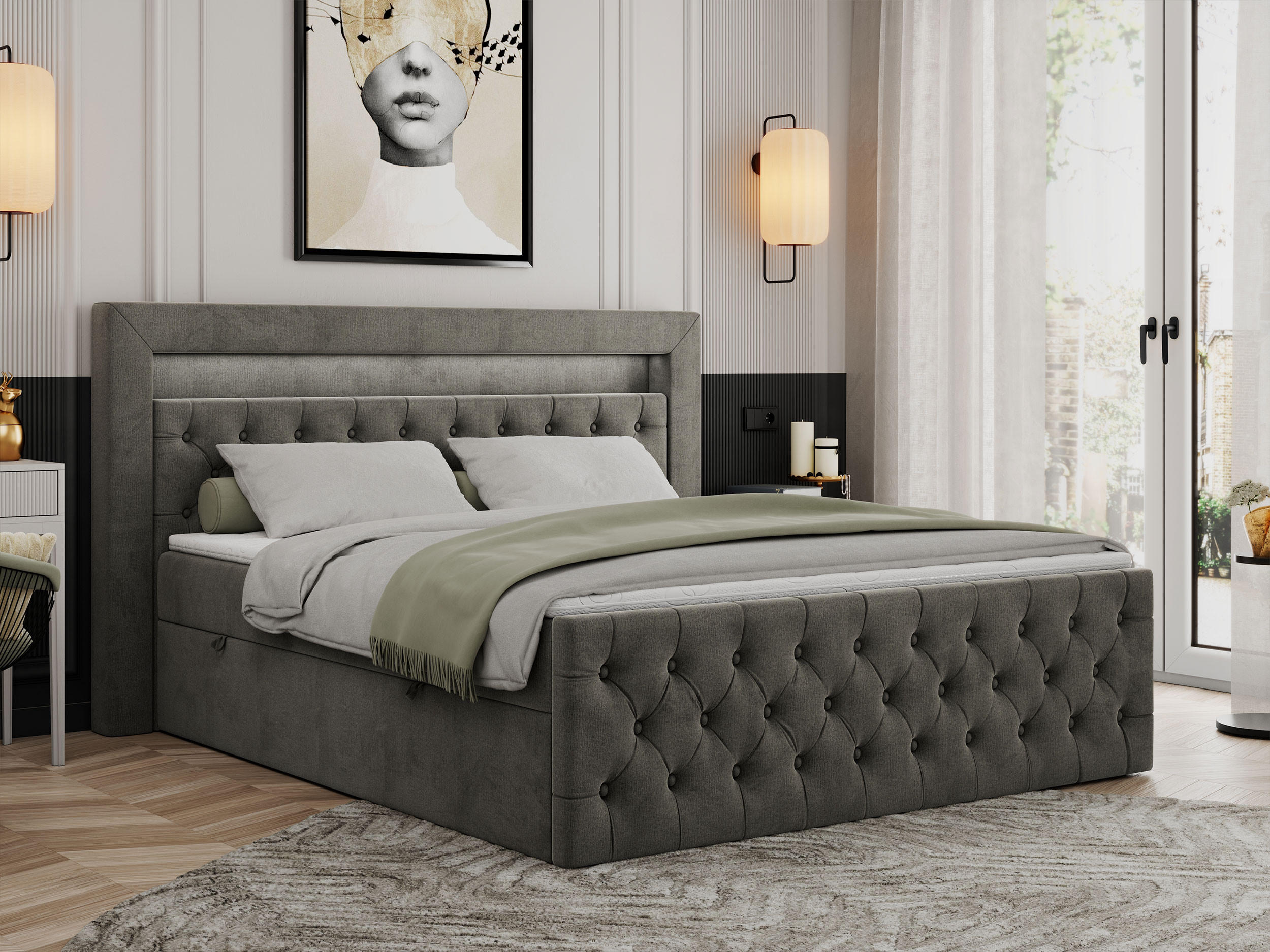 BOXBETT GOLD-9 LED 120/200 Dunkelgrau Velvet - H3 - Dunkelgrau, Holz/Textil (120/200cm) - MKS