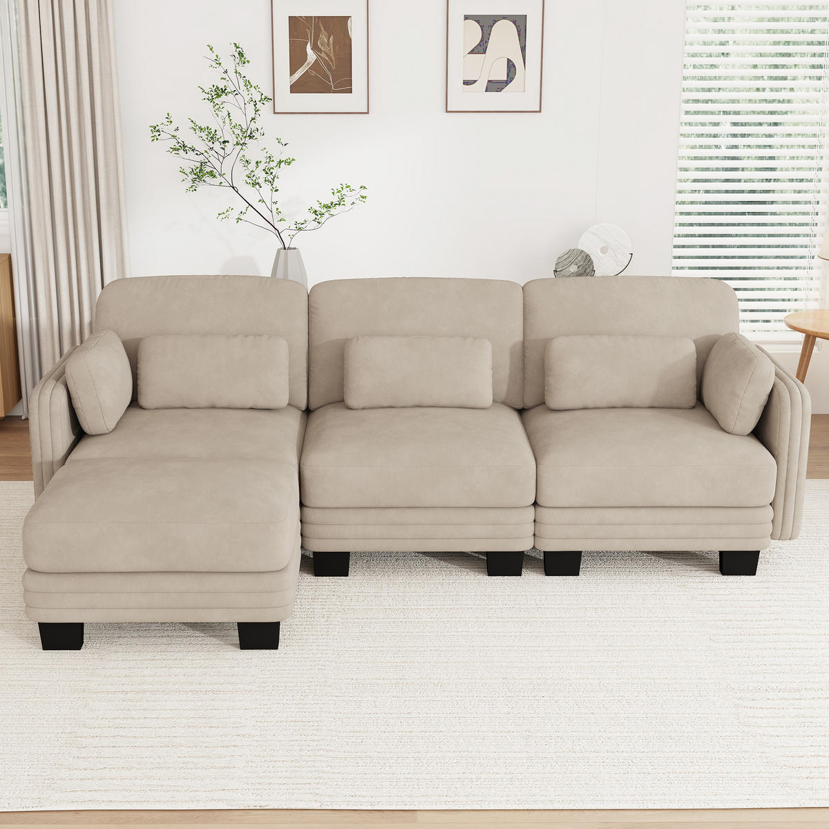 ECKSOFA L-Form 3-Sitzer mit Ottomane, DE-42686, Hellbraun - Hellbraun, Holz (253/143cm) - ComfortXL