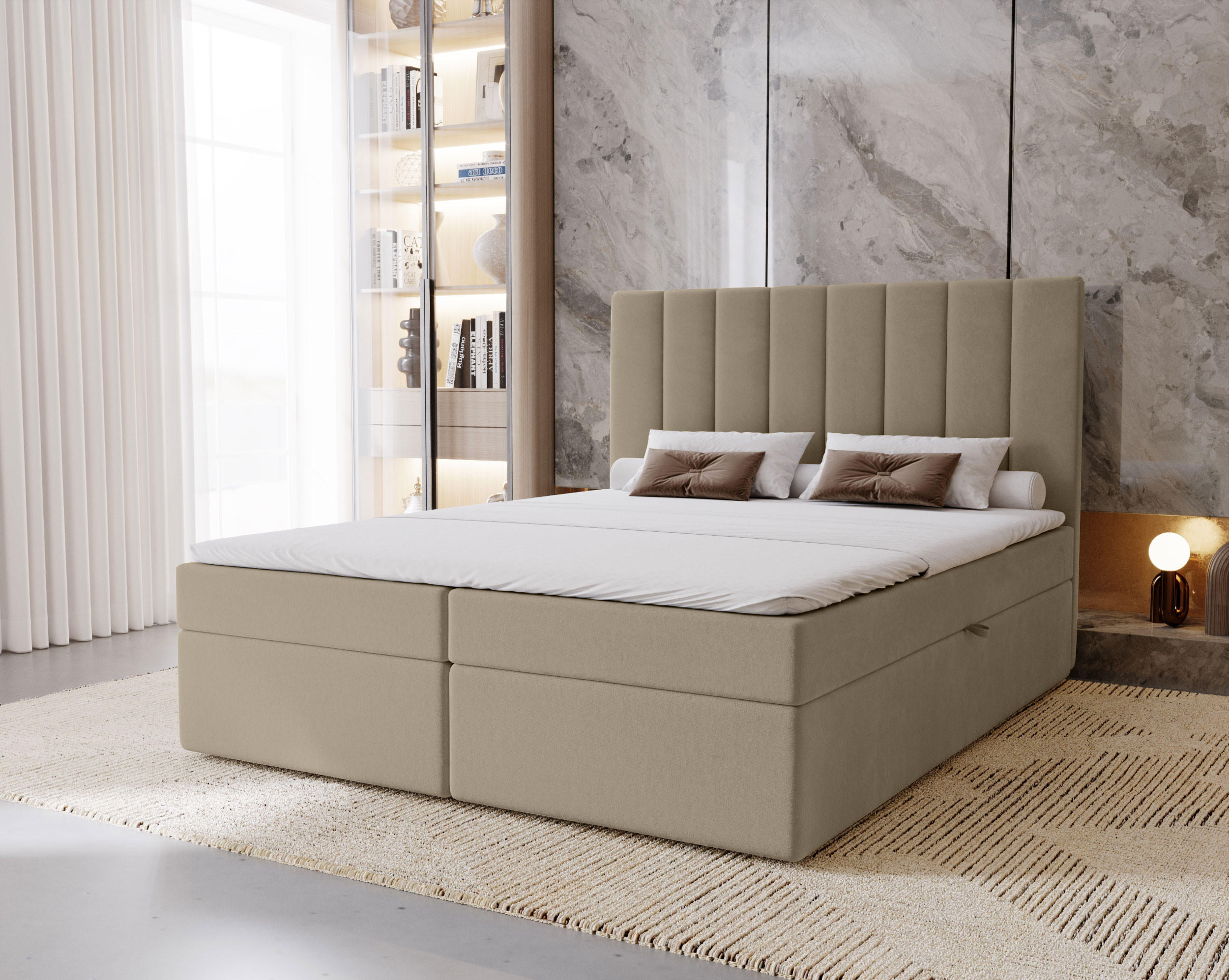 BOXBETT Nero mit 2 Bettkästen, 200x200, Hellbraun, Velourstoff, Doppelbett mit Bonell-Matratze - Hellbraun, Holz/Kunststoff (200/200cm) - Marpur