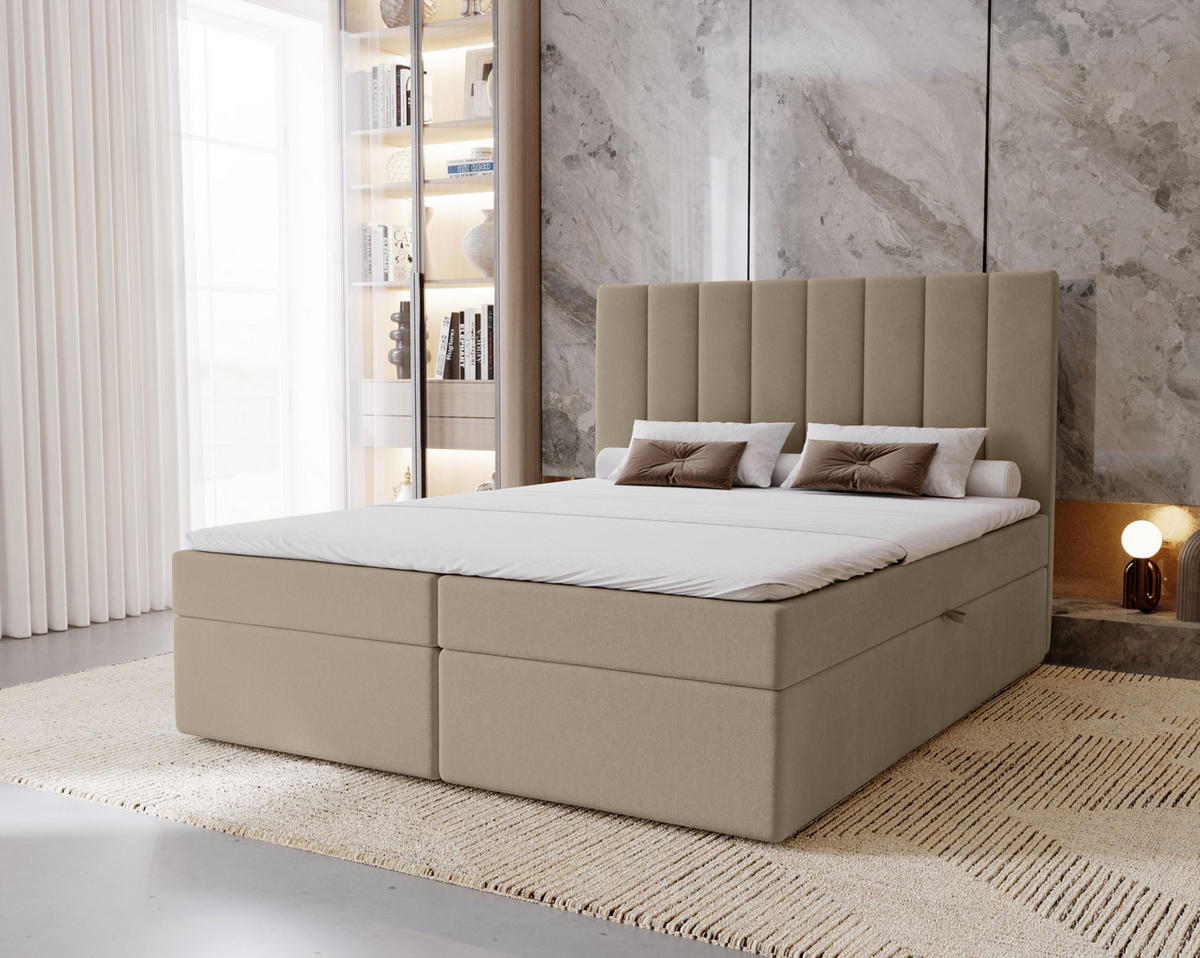 BOXBETT Nero mit 2 Bettkästen, 140x200, Hellbraun, Velourstoff, Doppelbett mit Bonell-Matratze - Hellbraun, Holz/Kunststoff (140/200cm) - Marpur