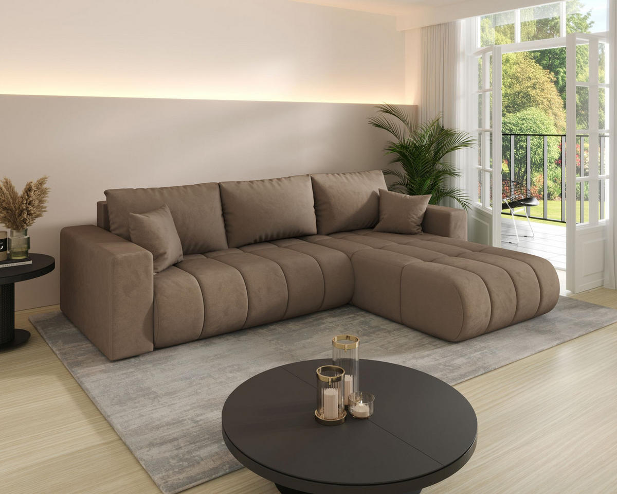 ROHOVÁ pohovka LARA PREMIUM pravá hnědá samet Monolith 9 - funkce spaní, úložný prostor - hnědá, textil (280/174cm) - Cornero