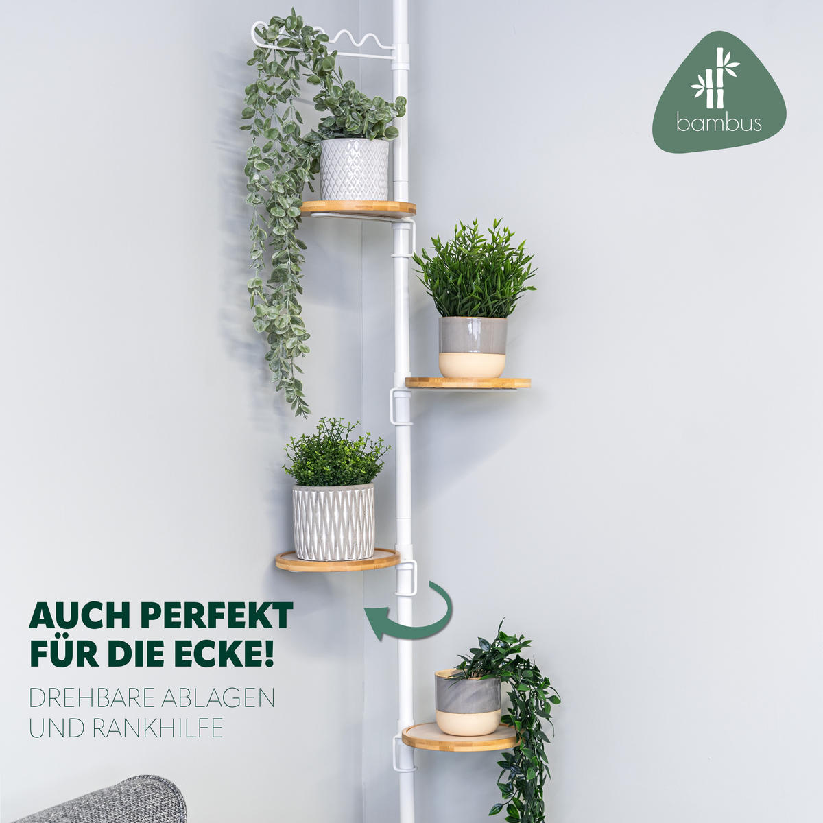 TELESKOP-BLUMENSÄULE mit 4 Bambusablagen, weiß - Weiß, Metall (53/290/20cm) - bremermann