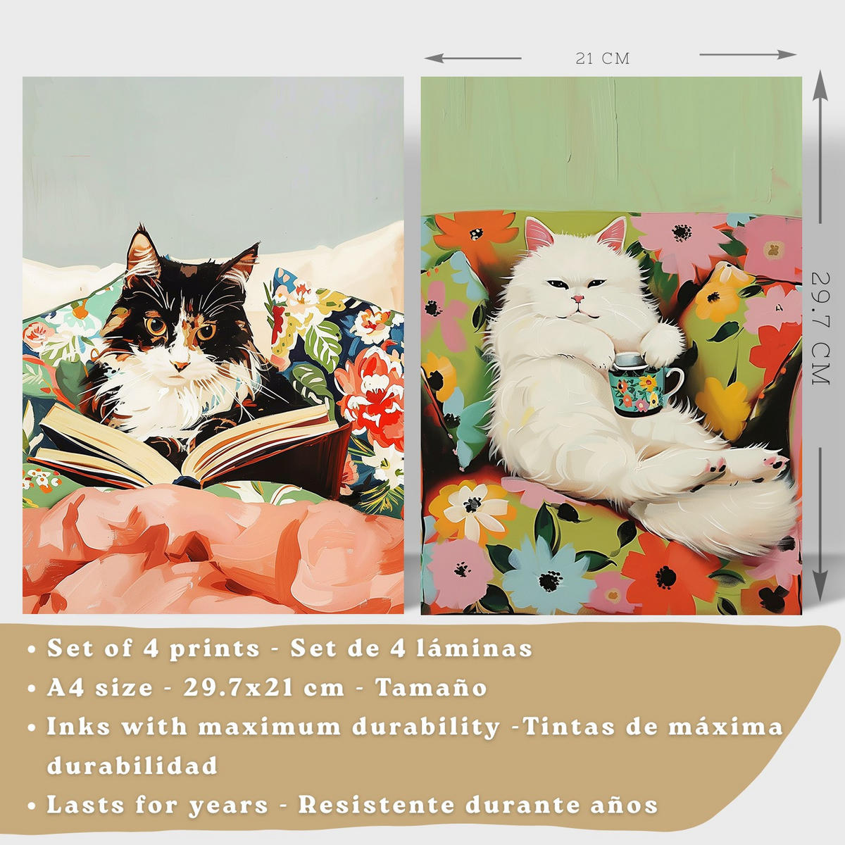 PLAKAT Sada 4 Kočky A4 Bílý rám - bílá, papír (29.7/1/21cm) - Nacnic