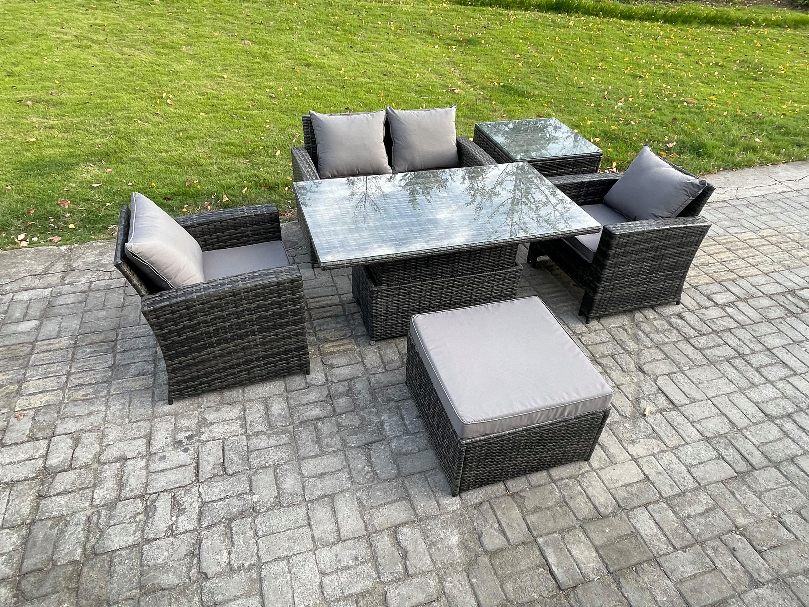 GARTENMÖBEL-SET ESSGRUPPE HÖHENVERSTELLBARER ESSTISCH MIT HOCKER BEISTELLTISCH Polyrattan Dunkelgrau Gemischt - Dunkelgrau, Metall - Fimous